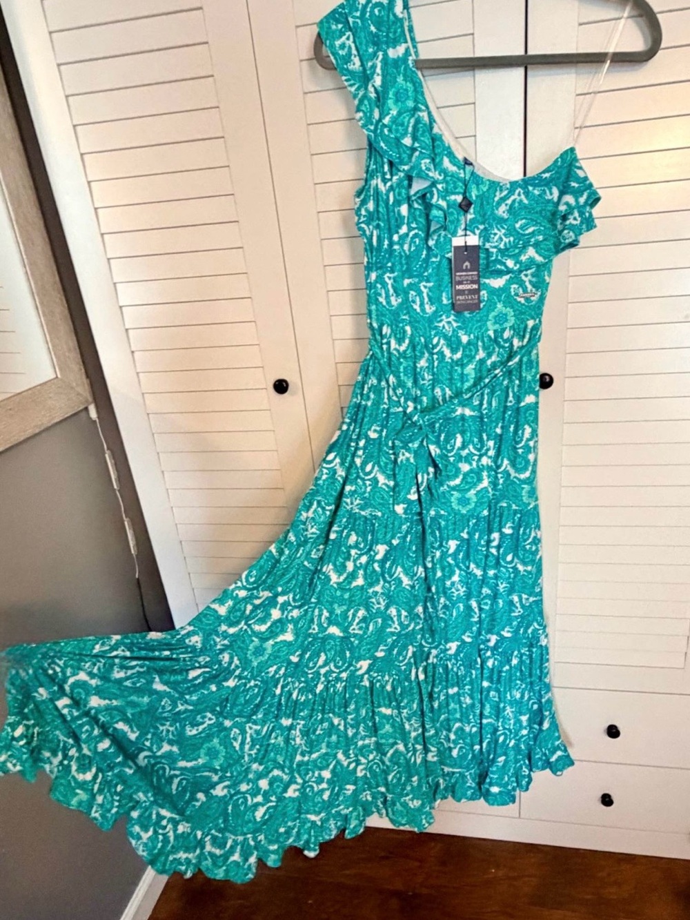 Cabana Life Teal Paisley Ruffled One-Shoulder Maxi Dress